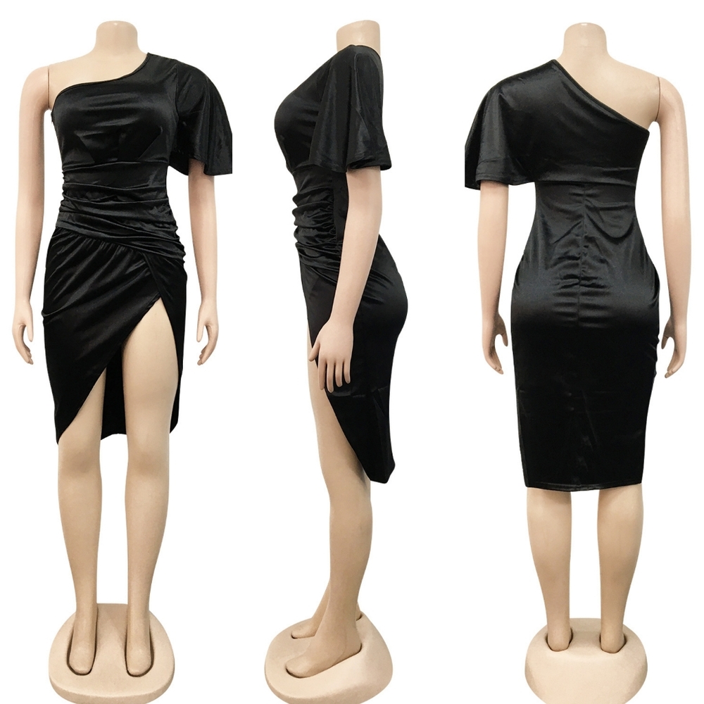 💎Elegant Black Womens Midi One Shoulder Dress💎 - Picture 3 of 3